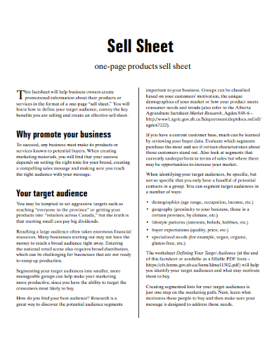 one page product sell sheet