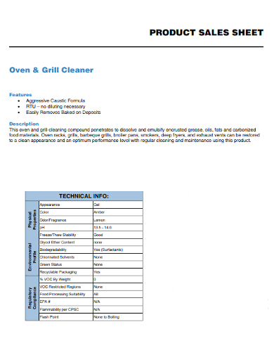 oven grill cleaner product sales sheet