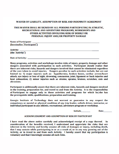 participant waiver of liability agreement