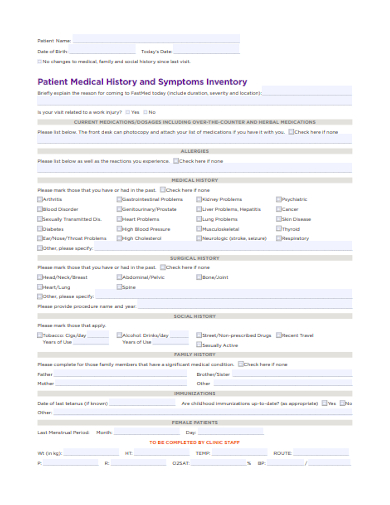 patient medical history and symptoms inventory