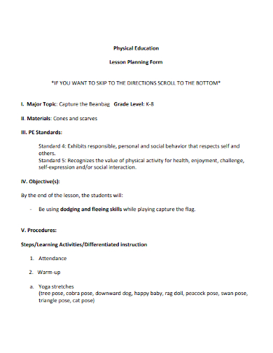 physical education lesson plan form