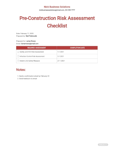 pre construction risk assessment checklist template