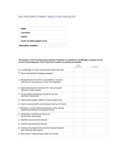 pre employment induction checklist