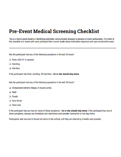 pre event medical screening checklist