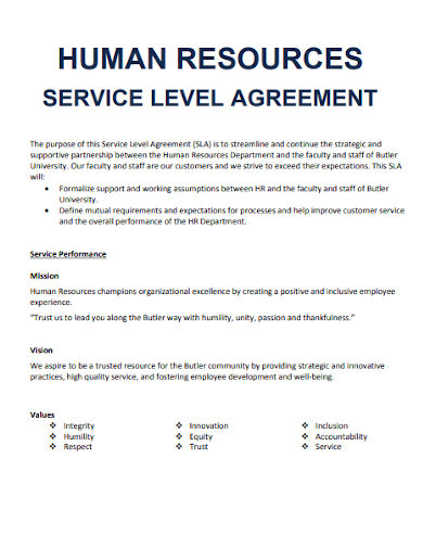 printable hr service level agreement