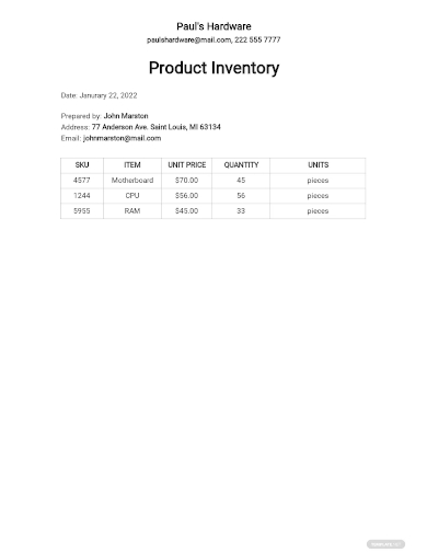 product inventory template