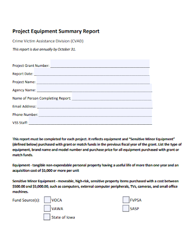 project equipment summary report