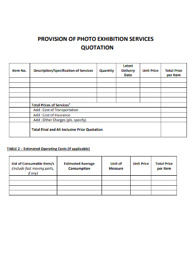 provision of photo exhibition services quotation