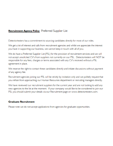 recruitment agency policy preferred supplier agreement