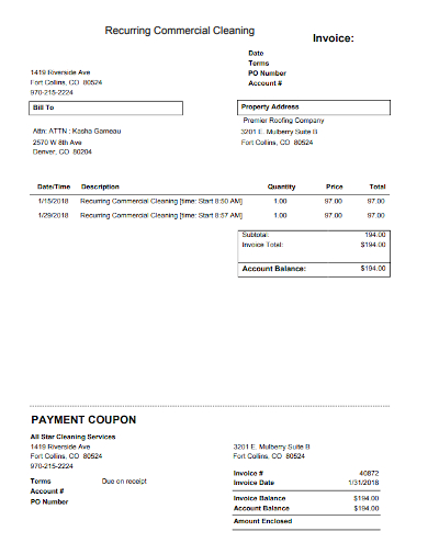recurring commercial cleaning invoice