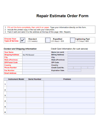 repair estimate order form