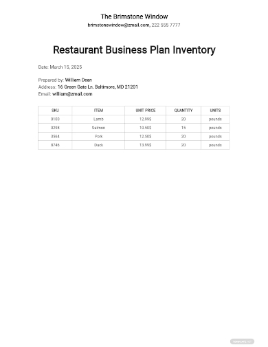 restaurant business plan inventory