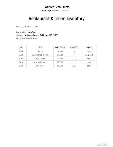 restaurant kitchen inventory sheet template