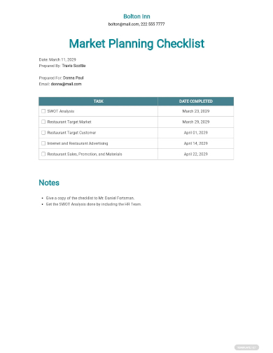 restaurant market planning checklist template