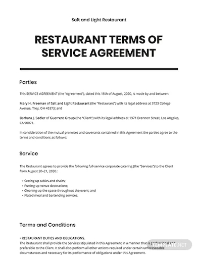 restaurant terms of service agreement