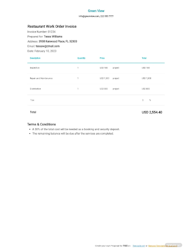 restaurant work order invoice