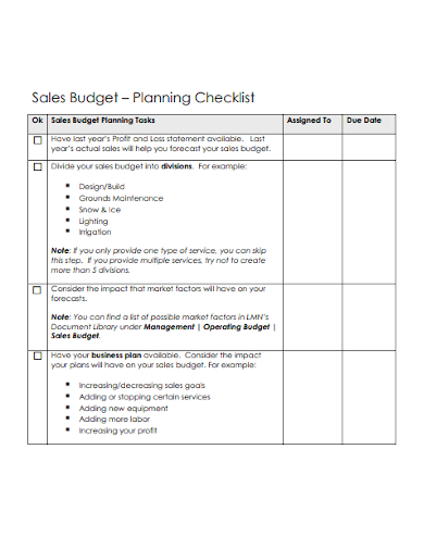 sales budget planning checklist