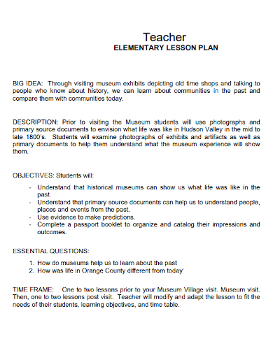sample elementary teacher lesson plan