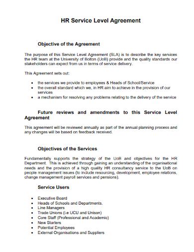 sample hr service level agreement