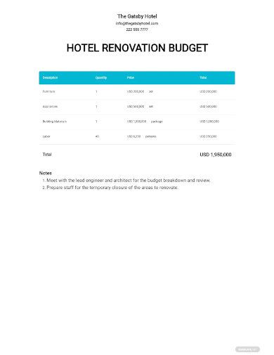 sample hotel renovation budget template