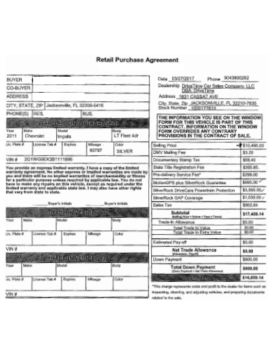 sample retail purchase agreement