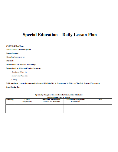 special education daily lesson plan