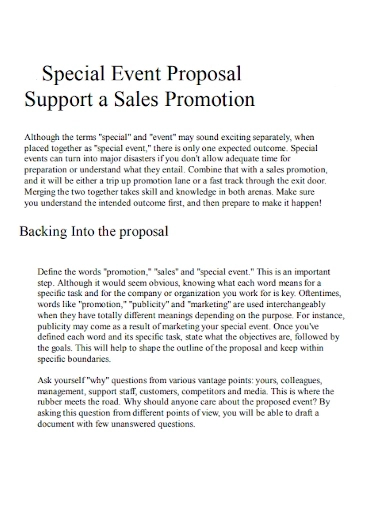 special event proposal to support a sales promotions
