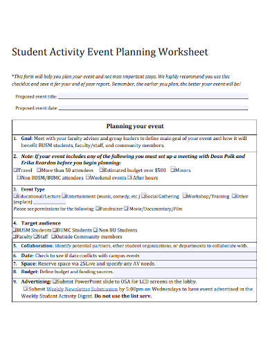 student activity event planning worksheet