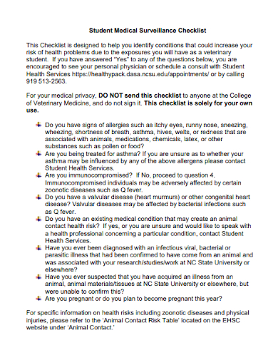 student medical surveillance checklist