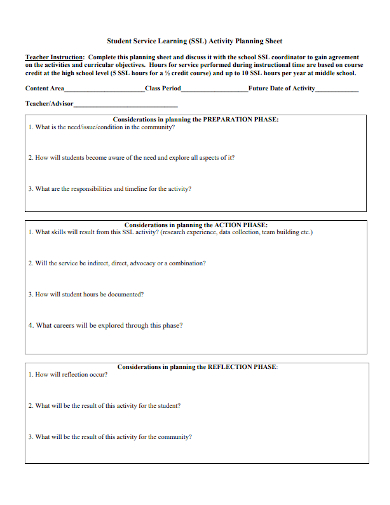 student service learning activity planning sheet