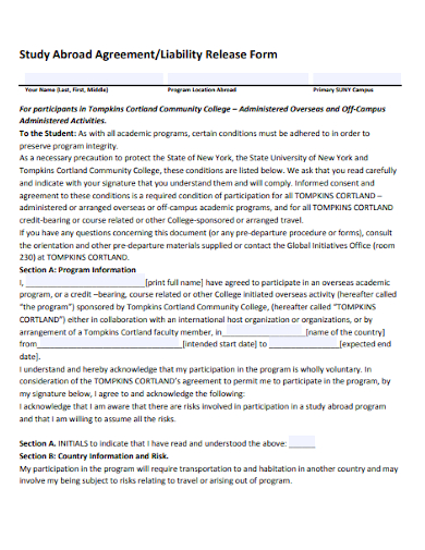 study abroad agreement liability release form