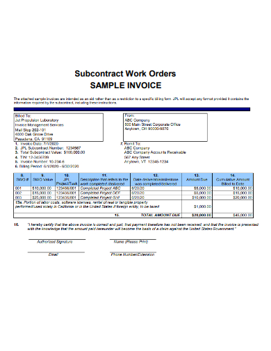 subcontract work orders invoice