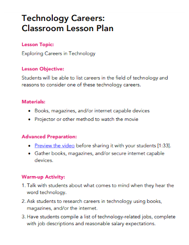 technology careers classroom lesson plan