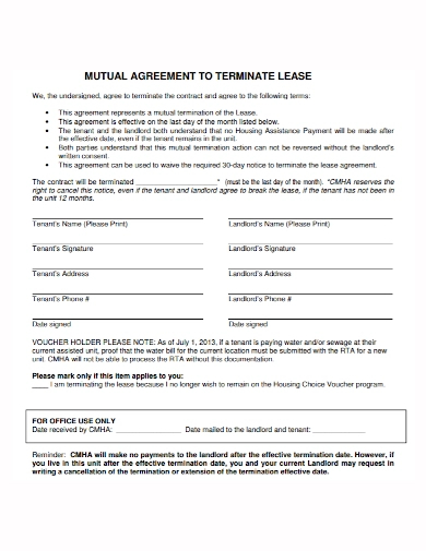 termination of lease mutual agreement by tenant