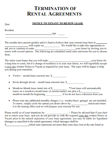 termination of rental renew tenant lease agreement