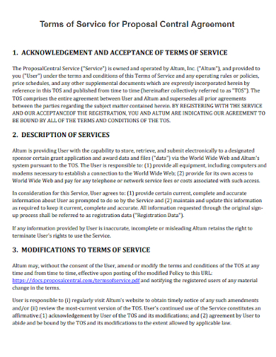 terms of service for proposal central agreement