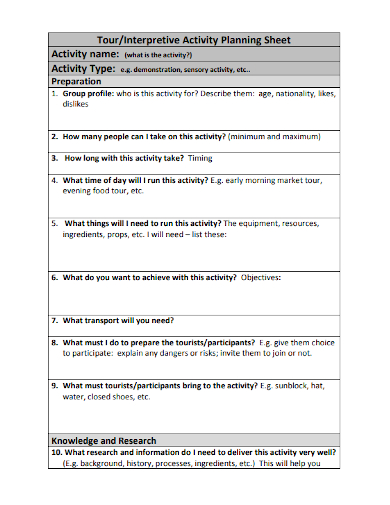 tour interpretive activity planning sheet