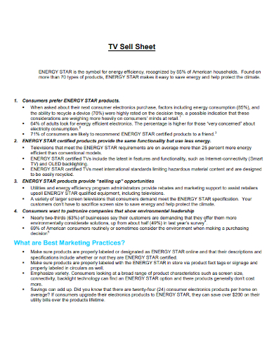 tv product sell sheet