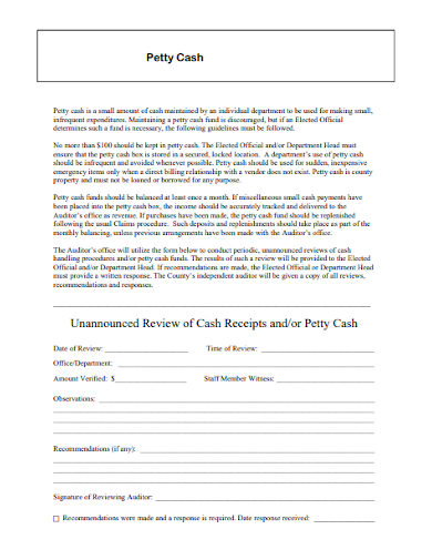 unannounced review of cash receipts petty cash