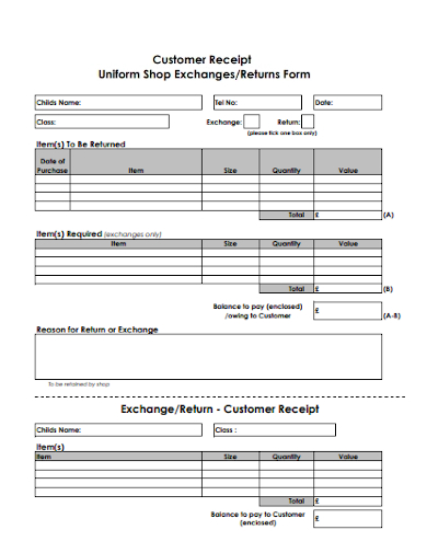 uniform shop exchanges returns customer receipts