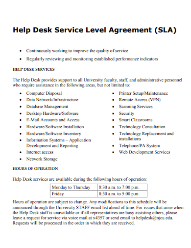 university help desk service level agreement