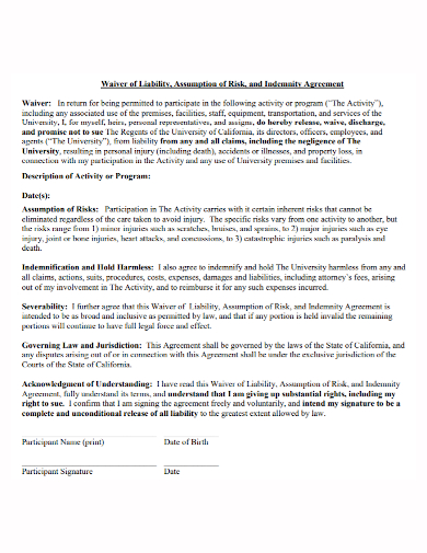 waiver of liability indemnity agreement