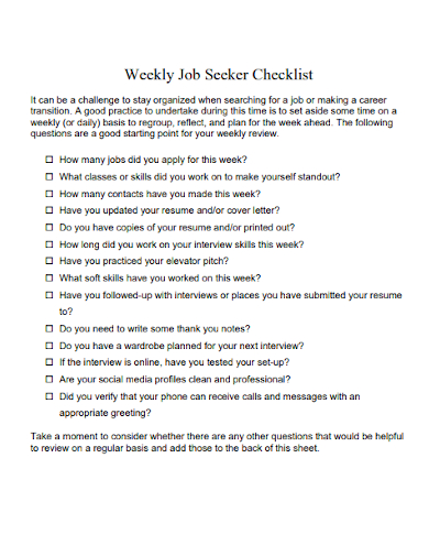 weekly job seeker checklist