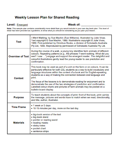 weekly lesson plan for shared reading