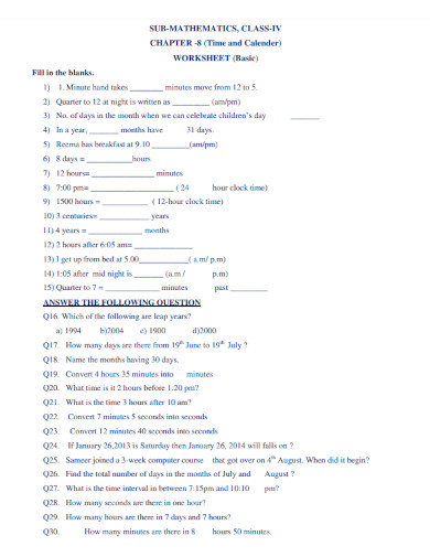 4th grade basic worksheet 