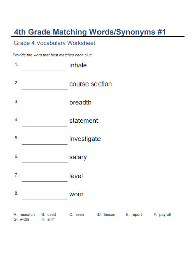 4th grade worksheet matching words