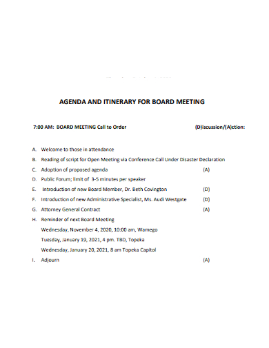 agenda itinerary for board meeting