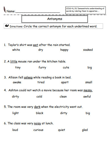 antonymns 2nd grade math worksheet