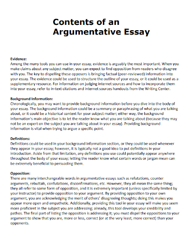 contents of an argumentative essay