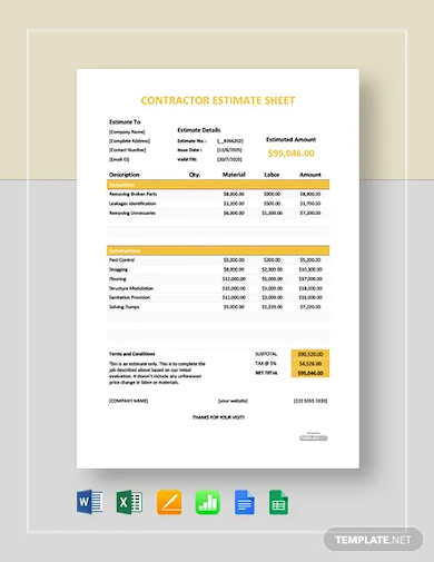 contractor estimate sheet template